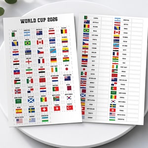 May include: Two white rectangular sheets featuring the text WORLD CUP 2026 at the top. The sheets contain rows of small national flags with corresponding country names and blank spaces for tracking, organized in a grid format for tournament record keeping.