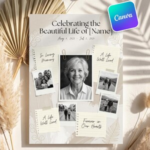 以下が含まれることがあります： Celebrating the Beautiful Life of [Name]というタイトルの追悼ポスター。日付はAug 1, 2023 - Jul 1, 2024。中央の女性のポートレート、4枚の小さな白黒写真、テキストが書かれた4枚のメモカードで構成されたデザイン。