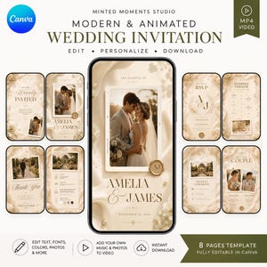 May include: A digital template for a modern and animated wedding invitation, featuring eight pages with a cream and gold color palette. The design includes placeholders for photos, text, and wedding details, with elegant typography and a soft, draped fabric background.