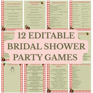 May include: A collection of 12 printable bridal shower party games featuring a light green background with red and white gingham borders and strawberry illustrations. Each card contains text for activities like word scrambles and trivia.