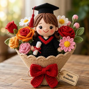 Puede incluir: Muñeca de graduación de ganchillo con birrete y toga negros, sosteniendo un diploma, rodeada de flores de ganchillo en una cesta tejida. Un lazo rojo y una etiqueta que dice "Happy Graduation" están adjuntos.