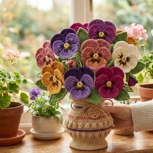 Könnte beinhalten: Ein handgefertigter Häkelstrauß aus Stiefmütterchen in einer dekorativen Vase. Die Blumen sind in Lila-, Rosa-, Orange- und Weißtönen gehalten, mit grünen Blättern. Die Vase ist beige mit einem lila Streifen und einem Anhänger "Handmade with Love".