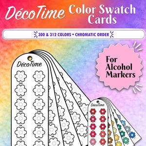 Pode incluir: Cartões de amostra de cores DécoTime para marcadores de álcool com etiquetas de papel branco apresentando contornos em forma de flor para colorir. O conjunto inclui 300 e 312 cores em ordem cromática com ícones de flores numerados.