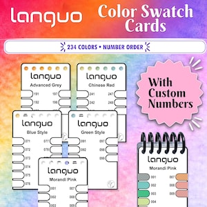 Peut inclure: Cartes d'échantillons de couleurs Languo présentant 234 couleurs par ordre numérique. L'ensemble comprend des cartes blanches étiquetées Advanced Grey, Chinese Red, Blue Style, Green Style et Morandi Pink, ainsi qu'un nuancier spiralé Morandi Pink.