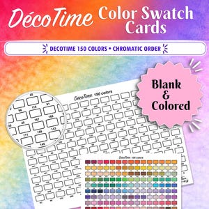 Op de afbeelding: DécoTime kleurstaalkaartenset met een vel met lege genummerde vakjes en een vel met 150 gekleurde vierkantjes in chromatische volgorde. De tekst luidt DécoTime Color Swatch Cards, Blank & Colored en de merknaam Creathea.