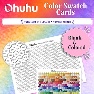 Op de afbeelding: Ohuhu kleurstalenkaarten, met Honolulu 344 kleuren in nummer volgorde. De afbeelding toont blanco en gekleurde kleurstalenkaarten met zeshoekige kleurstalen. De tekst "Keep your colors organized" is ook zichtbaar.