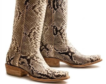 Handmade Python Snakeskin Cowboy Boots, Genuine Exotic Leather Western Cowgirl Shoes