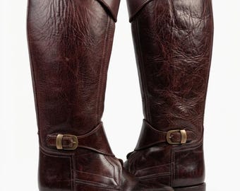 Dark Cherry Leather Tall Riding Boots – Distressed Equestrian Style, Buckle Detail