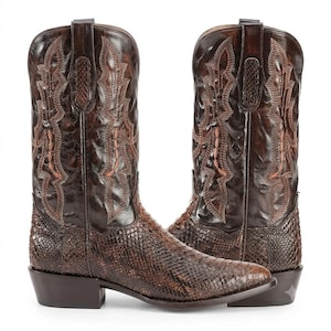 Botas vaqueras de piel de serpiente marrón para hombre / Botas vaqueras de rodeo de cuero genuino con puntera afilada