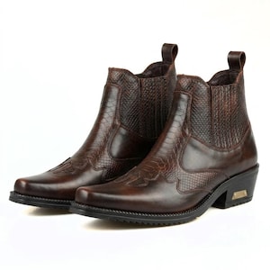 Men's Dark Brown Leather Western Cowboy Boots, Textured Gator Pattern Ankle Boots