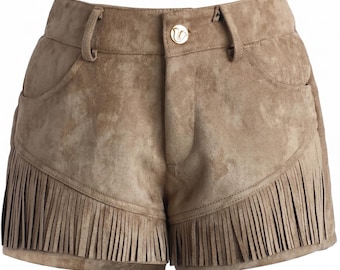 Pantaloncini da donna in pelle scamosciata con lacci – Abbigliamento boho a vita alta, fatto a mano, perfetto per festival, con dettagli in borchie a forma di diamante.