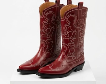 Red Embroidered Suede Cowboy Boots, Pointed Toe Western Style