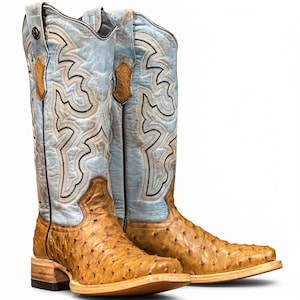 Puede incluir: Un par de botas vaqueras con un pie texturizado de color tostado con un patrón de plumas distintivo y una caña azul claro. La caña está decorada con intrincados patrones de costura en blanco y negro, una lengüeta y un tacón de madera apilada.