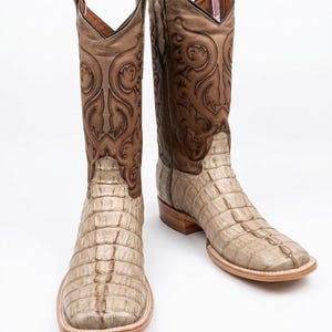 Pode incluir: Um par de botas de estilo western com um peito do pé texturizado em bege claro com um padrão de escamas proeminente e um cano alto em couro castanho. O cano é decorado com intrincados bordados em castanho escuro e possui puxadores.