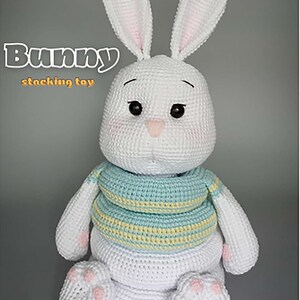 Virkmönster för stapelleksak med kanin, Amigurumi-ringstaplare för kaniner i PDF-format, mönster för baby-montessorileksaker, virkad kaninleksak för barnkammaren