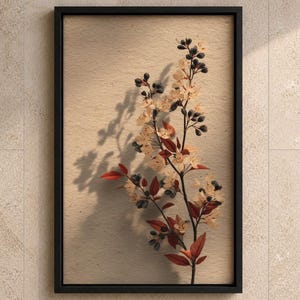 Wildflower Shadow Light Print | Botanical Wall Art Digital Download | Cream Rust Navy Floral Decor | Earthy Nature Art | Instant Download