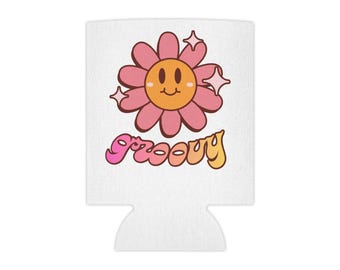 グルーヴィーな笑顔の花柄缶クーラー｜レトロな70年代風デイジー柄飲料用保冷具