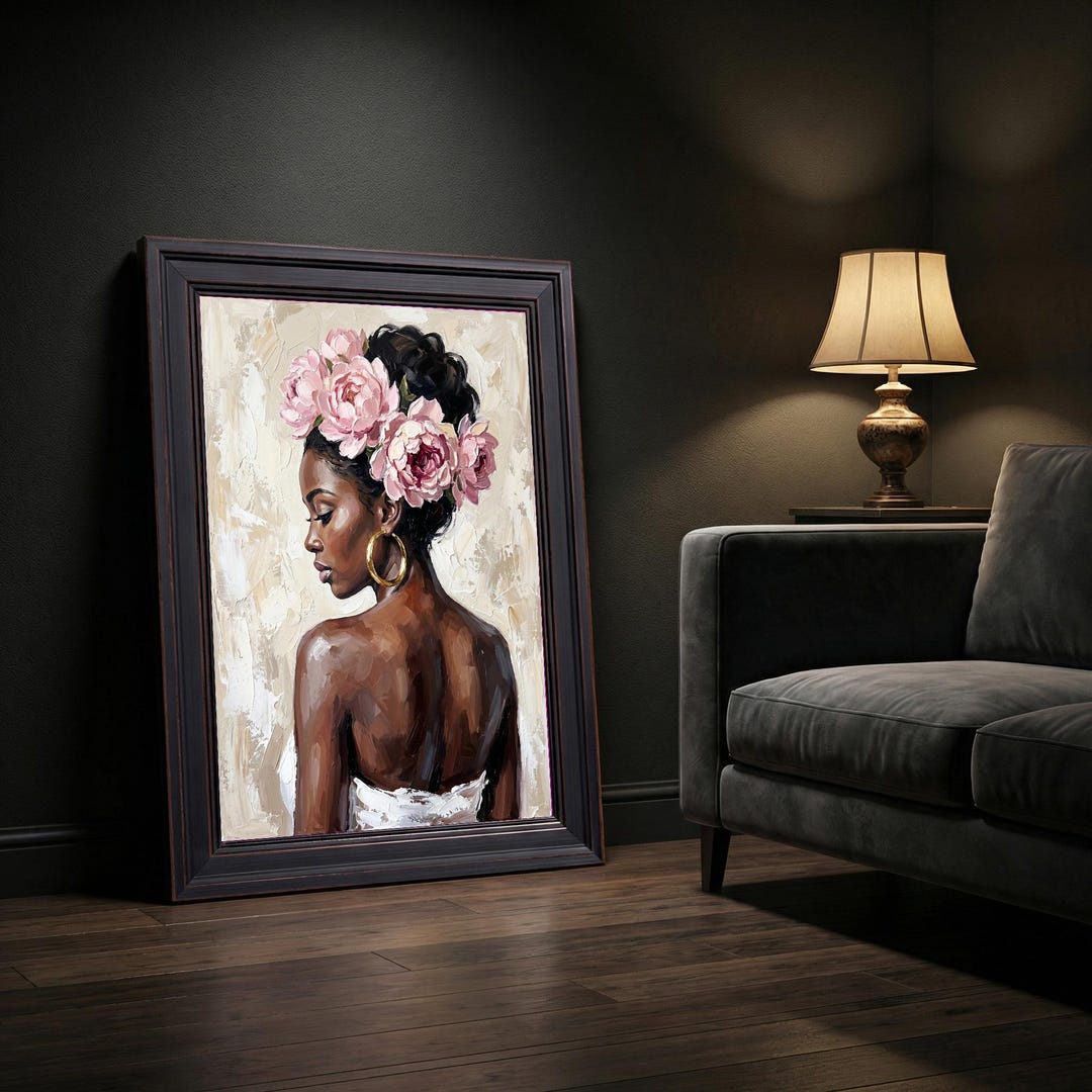 Oil Painting Portrait Black Woman Peony Crown | African American Floral ...