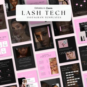 60+ Lash Tech Artist Instagram Template Bundle Pink Black Modern Esthetician Social Media Kit Beauty Salon Stories Content Canva Template NW