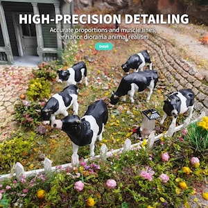 May include: A set of six miniature black and white cow figurines arranged in a diorama setting with a white picket fence, green foliage, and small flowers. The image includes the text HIGH-PRECISION DETAILING and Accurate proportions and muscle lines, enhance diorama animal realism.