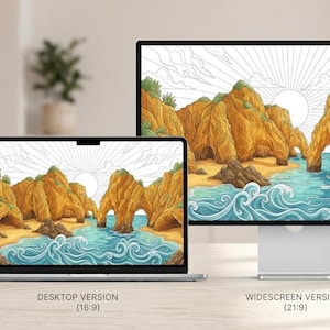 Peut inclure: Un ensemble d'écrans numériques comprenant un smartphone, un ordinateur portable et un moniteur, affichant chacun une illustration colorée de paysage côtier avec des rochers dorés, une plage, des vagues turquoise et un ciel rayonnant.