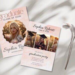 May include: Two graduation announcements with a soft pink watercolor background. One features a photo of a graduate in a scalloped frame, the other has three photos. Text includes "graduate," "Class of 2026," and party details.