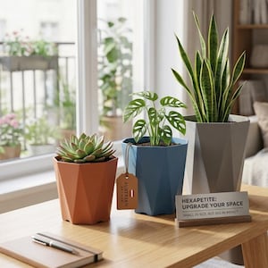 May include: Three geometric plant pots in orange, blue, and grey, each containing a different houseplant. A small sign reads "HEXAPETITE: UPGRADE YOUR SPACE. SMALL IN SIZE BUT BIG IN IMPACT." A notebook and pen are on the table.