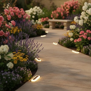 May include: A winding concrete pathway illuminated by oval-shaped lights, bordered by vibrant flower beds. The garden features pink, white, and yellow flowers, with a stone bench in the background. The scene evokes a sense of tranquility and natural beauty.
