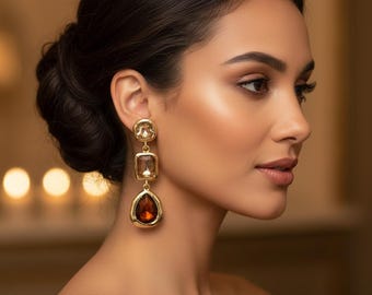 Braun Stein Stil Tropfen Ohrringe, Gold Ton baumeln Ohrringe, Elegante Braut Hochzeit Schmuck Geschenk