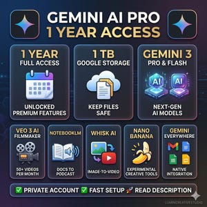 Puede incluir: Gráfico promocional de Gemini AI Pro, que ofrece acceso por 1 año. Incluye 1 TB de almacenamiento de Google, acceso a Gemini 3 Pro & Flash y varias herramientas de IA. El texto incluye "Cuenta privada", "Configuración rápida" y "Leer descripción".