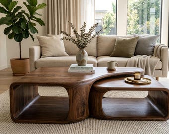 Ensemble de tables basses gigognes en noyer – Tables modernes en bois courbé – Mobilier de salon minimaliste de style Japandi