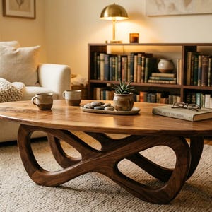 Könnte beinhalten: Ein ovaler Couchtisch aus Holz mit einem einzigartigen, offenen Schlaufenfuß. Die Tischplatte ist warmbraun und der Fuß ist aus dunklerem Holz. Der Tisch steht in einem Wohnzimmer mit einem weißen Sessel, einem Teppich und einem Bücherregal.