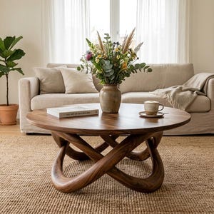 Puede incluir: Salón con mesa de centro redonda de madera con base intrincada, sofá beige y alfombra tejida. Un jarrón con flores sobre la mesa, junto a un libro y una taza de café. Una planta en maceta y obras de arte completan el ambiente acogedor.