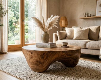 Organic Solid Wood Coffee Table – Sculptural Round Center Table | Rustic Modern Living Room Table | Japandi Minimalist Furniture