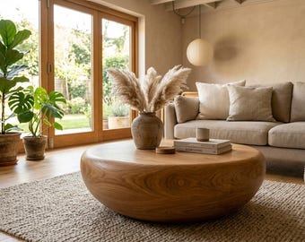 Tavolino rotondo in legno massello – Tavolino basso in stile giapponese – Arredamento minimalista e organico per il soggiorno – Tavolino centrale in legno naturale realizzato a mano