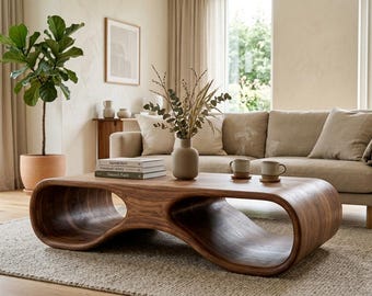 Organic Wave Walnut Coffee Table – Sculptural Curved Wooden Center Table – Modern Japandi Living Room Furniture