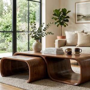 Modern Walnut Nesting Coffee Table Set – Sculptural Curved Wooden Tables – Minimalist Japandi Living Room Furniture