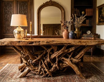 Rustic Teak Root Console Table – Live Edge Solid Wood Entryway Table with Organic Driftwood Base | Farmhouse Luxury Hallway Decor