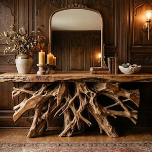 Pode incluir: Uma consola rústica de madeira com um tampo de borda viva e uma base de raiz única. A mesa é adornada com velas, um vaso de flores secas e um espelho decorativo. A sala apresenta painéis de madeira escura e uma poltrona verde.