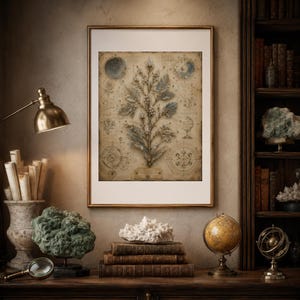 Peut inclure: Une impression botanique encadrée présentant une illustration centrale détaillée d'une plante entourée de diagrammes célestes et de cartes stellaires sur du papier parchemin vieilli, dans un cadre doré avec passe-partout blanc.