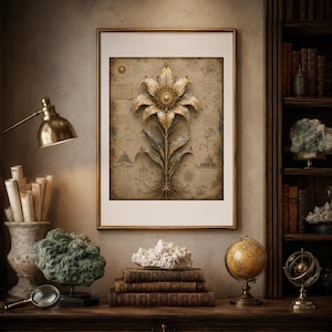 Peut inclure: Une impression d'art mural encadrée représentant une illustration botanique détaillée aux tons dorés d'une fleur stylisée avec des pétales complexes et un élément central circulaire, sur un fond parchemin vintage avec des croquis et du texte.