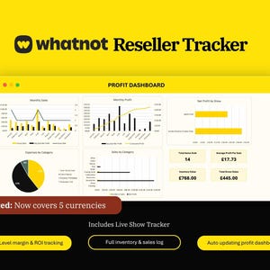 May include: A digital dashboard with the text "whatnot Reseller Tracker" at the top. The dashboard displays profit metrics, including monthly sales, expenses, and net profit. The text "Updated: Now covers 5 currencies" is also visible.