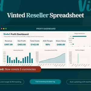 May include: A teal-colored graphic with the text "Vinted Reseller Spreadsheet" and a profit dashboard. The dashboard displays revenue, profit, costs, margin, and stock value. Additional features include SKU-level margin tracking and an auto-updating profit dashboard.