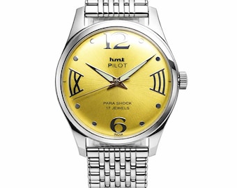 Vintage mechanisch HMT-piloothorloge gele wijzerplaat | Handopwindbaar Indian Heritage-horloge