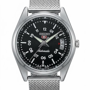 Zegarek męski Seiko 5 Automatic z datownikiem, czarną tarczą i stalą nierdzewną | 37 mm