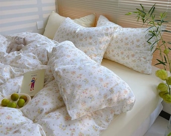 Juego de ropa de cama con estampado de flores amarillo claro, hecho a mano, 4 piezas (funda nórdica y fundas de almohada), juego de cama 100% algodón Cottagecore, decoración de dormitorio para todas las estaciones.