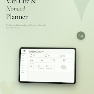 May include: Digital planner for 2025, titled "Van Life & Nomad Planner." The design features a tablet displaying a dashboard with data visualizations. The text includes "New Release," "Trip planning, budget tracking, and remote-work tools." The background is a light green.