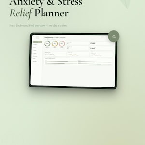 Könnte beinhalten: Ein digitaler Anxiety & Stress Relief Planner aus der Calm Mind Series 2025 Edition. Die Benutzeroberfläche zeigt ein Dashboard mit Fortschrittskreisen, Liniendiagrammen zur Nachverfolgung und 11 interaktiven Reitern auf hellgrünem Hintergrund.