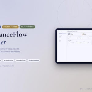 Może przedstawiać: Interfejs planera cyfrowego na tablecie, prezentujący funkcje śledzenia finansowego. Tekst brzmi "FreelanceFlow Planner" ze szczegółami dotyczącymi interaktywnych zakładek, użytkowania offline i dożywotniego dostępu. Projekt jest czysty z jasnym schematem kolorów.