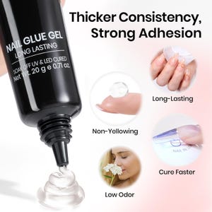 May include: Black tube of nail glue gel with the text "NAIL GLUE GEL LONG LASTING". The image shows the gel being dispensed, along with images highlighting features like "Thicker Consistency, Strong Adhesion", "Non-Yellowing", and "Low Odor".